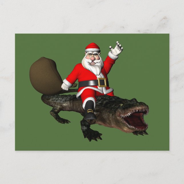 Festive Jultomten Riding An Alligator Helg Vykort (Framsida)