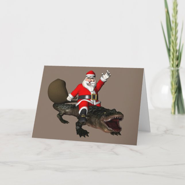 Festive Jultomten Riding An Alligator Helgkort (Framsida)