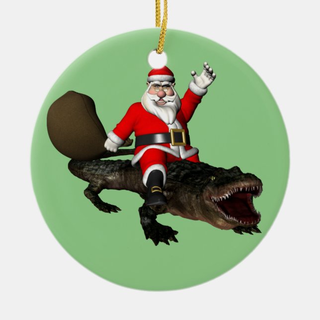 Festive Jultomten Riding An Alligator Julgransprydnad Keramik (Framsidan)