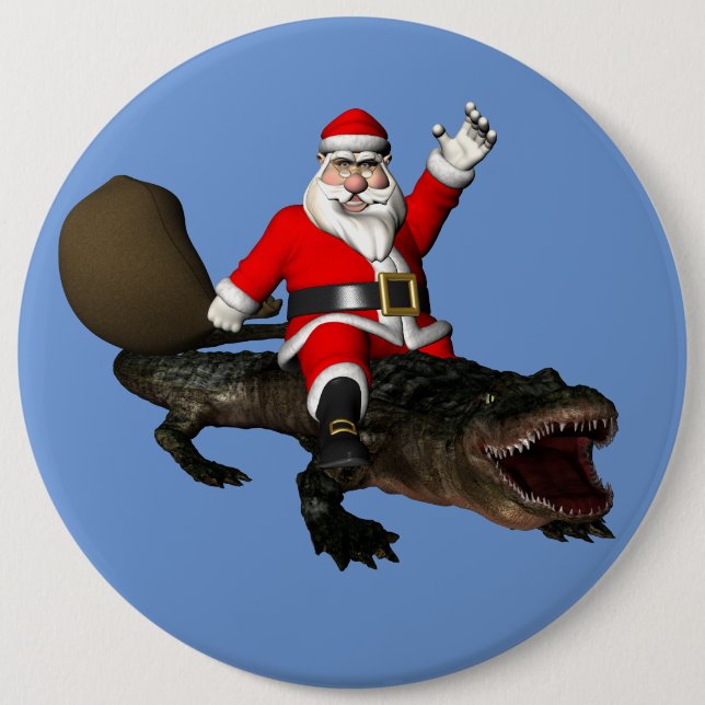 Festive Jultomten Riding An Alligator Knapp (Framsida)