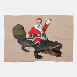 Festive Jultomten Riding An Alligator Kökshandduk