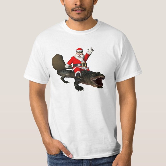 Festive Jultomten Riding An Alligator T-shirt (Framsida)