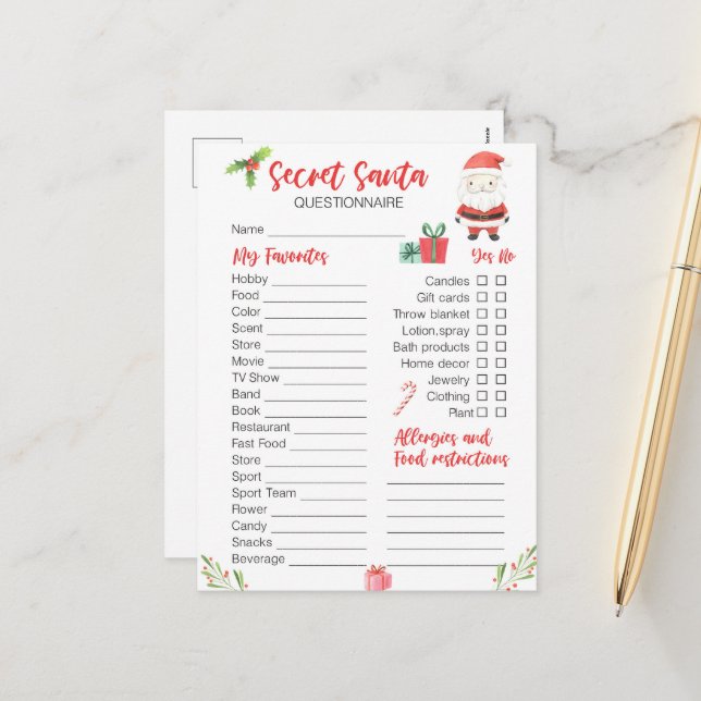 Festive jultomten Secret Santa Helg Vykort (Fram/Back In Situ)