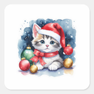 Festive Kattunge Sticker - Katt- och julgåvor Fyrkantigt Klistermärke
