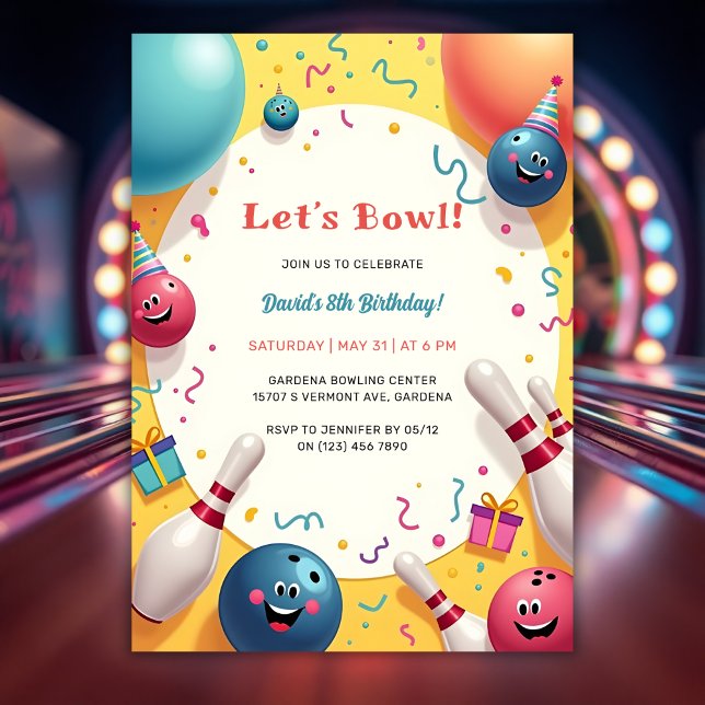 Festive Kids Bowling ThLED Födelsedagsfest Inbjudningar (Festive Kids Bowling Themed Birthday Party Invitation)