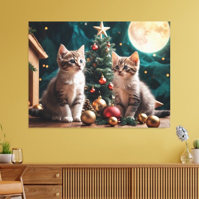 Festive Kittens by Julgran under Full Moon Canvastryck (Insitu (Vardagsrum))
