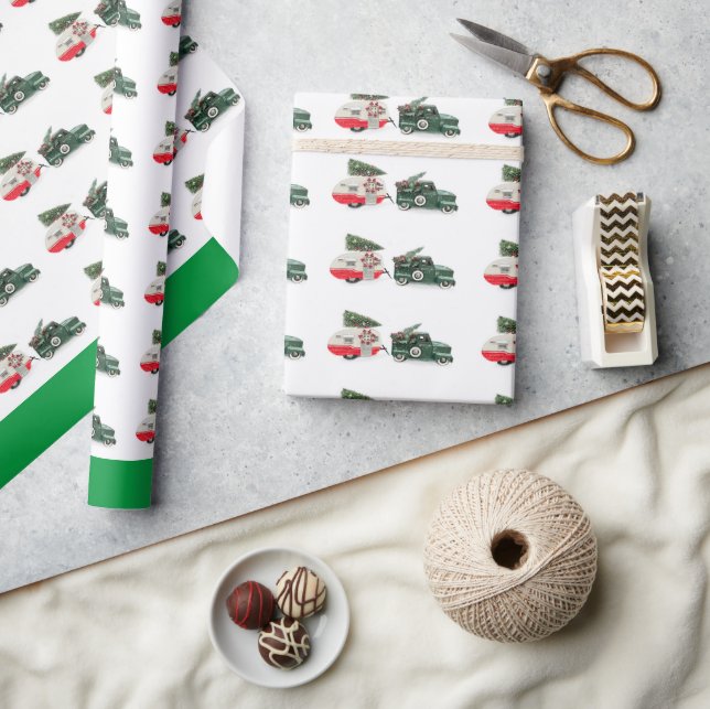 Festive lastbil och camper jul - röd och grönt presentpapper (Hantverk)