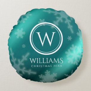 Festive Light Blue Foil Snöflingor Monogram Namn Rund Kudde