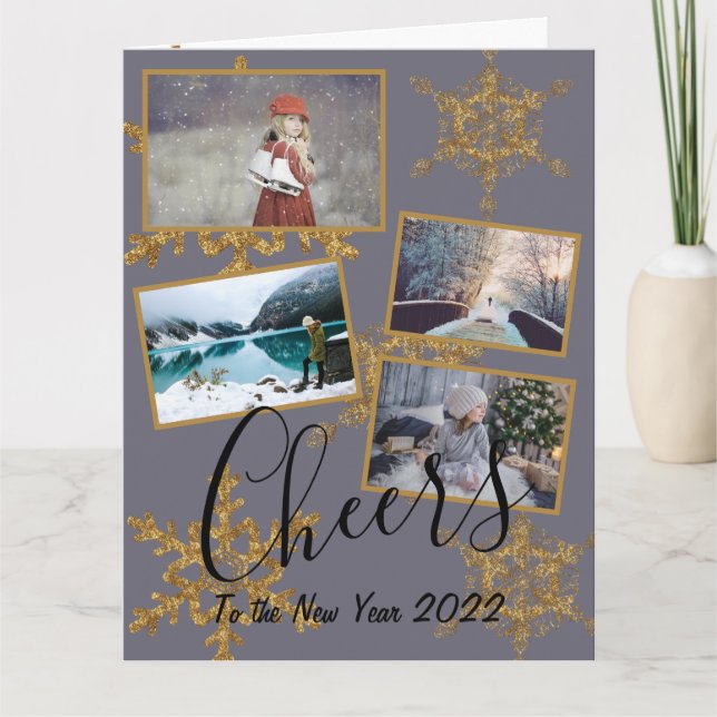 Festive Lila Cheers Golden Snowflake 4 Foton Kort (Framsida)