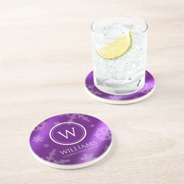 Festive Lila Foil Snöflingor Monogram Namn Underlägg (Sidan)