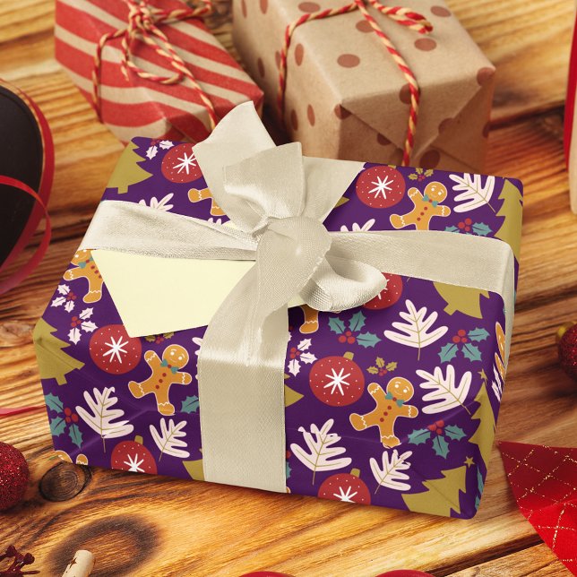 Festive Lila Julgran Pepparkaksgubbe Presentpapper (Skapare uppladdad)