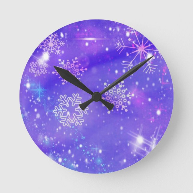 Festive Lila Snowflake Stars jul Party Rund Klocka (Framsida)