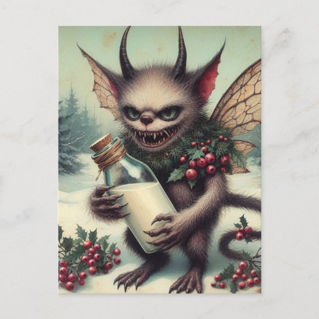 Festive Little jul Mörk Fantasy Critter Vykort (Framsida)