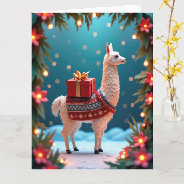 Festive Llama Carriage Gifts in Snowy Scene Kort (Gul blomma)