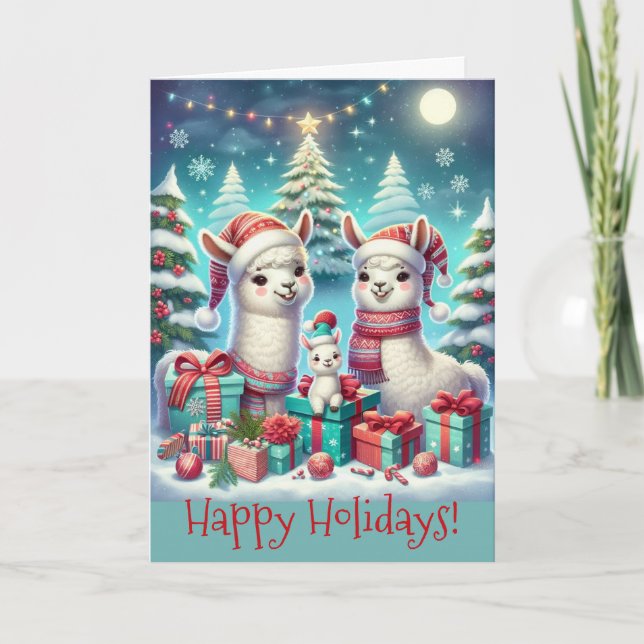 Festive Llama Family Christmas Kort (Framsida)
