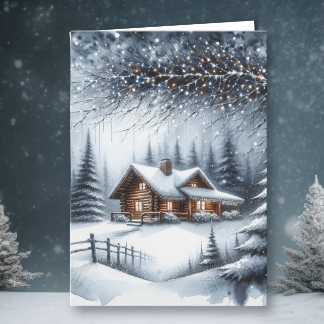 Festive Log Cabin i julen på vintern Skogen Helgkort (Skapare uppladdad)