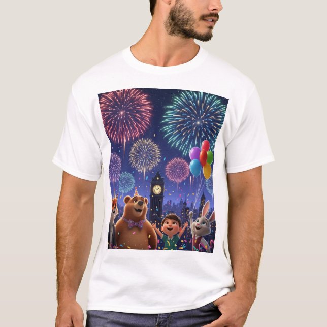 Festive London Fireworks with Cute Animal Friends T Shirt (Framsida)