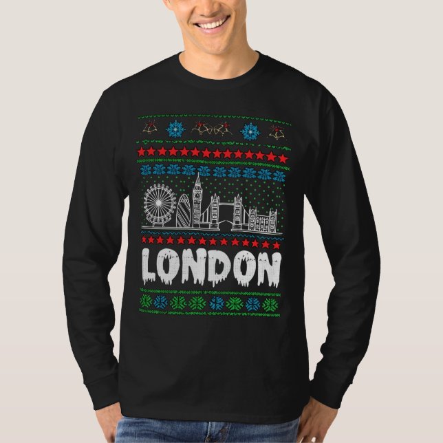 Festive London United Kingdom Ugly Christmas T Shirt (Framsida)
