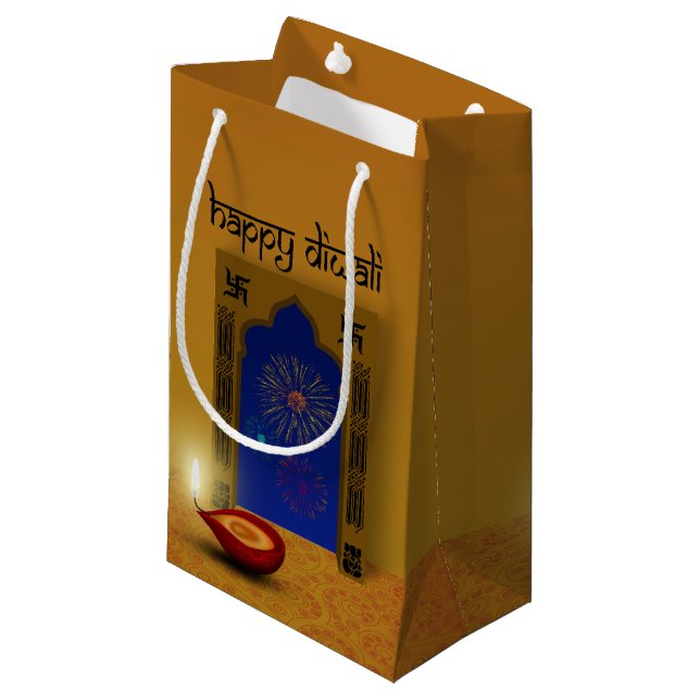 Festive Lycklig Diwali Fireworks - Small Gift Bag (Framsidan Vinklad)