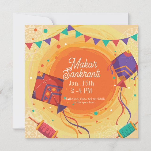 Festive Makar Sankranti lila Kite Inbjudningar (Framsida)