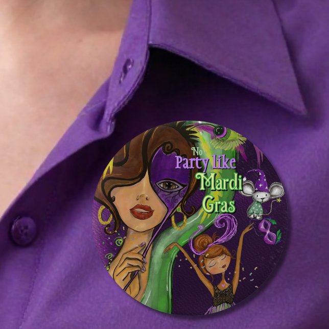 Festive Mardi Gras Carnival Badge | Purple Green Knapp (Festive Mardi Gras Carnival Badge  Purple Green Button)
