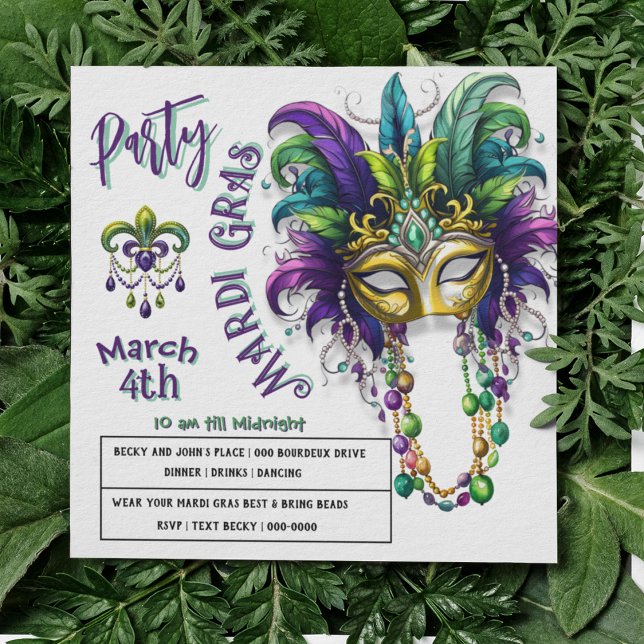 Festive Mardi Gras och Fleur Des Lis Party Inbjuda Julkort (Festive Mardi Gras Mask with feathers, beads and fleur des lis party invitations )