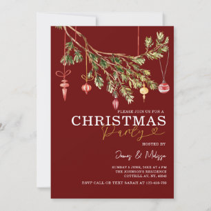 Festive Maroon Red Julgran Ornaments Party Inbjudningar