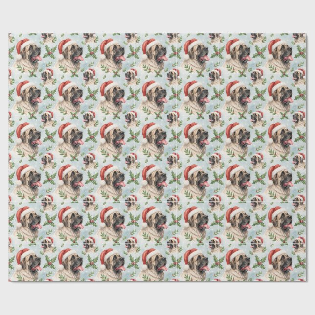 Festive Mastiff Christmas Holly Watercolor Wrap Presentpapper (Platt)
