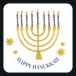 Festive Menorah Candles Lycklig Hanukkah Fyrkantigt Klistermärke<br><div class="desc">Faux guld-foil menorah-ljus för Hanukkah firande. Den vismliga menorahillustrationen med vita stjärnor täckte celestialljus på ett fingerat guld-menorahstativ. Menorah Starry Hanukkah illustrerade designgåvor och pappra produkter.</div>