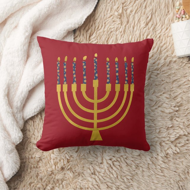 Festive Menorah Hanukkah Blue Candles Teckning Red Kudde (Filt)