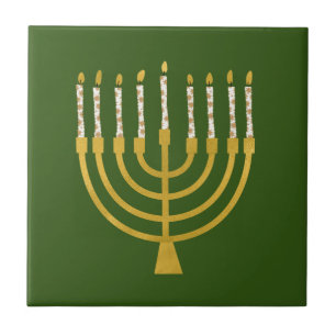 Festive Menorah Hanukkah Candles Elegant Grönt Kakelplatta