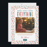 Festive Merry Allt 4-foto Julkort<br><div class="desc">Modern anpassningsbar tryckte ut julfotokort med en enkel DIY-mall för anpassning. Den här festliga designen har färgstark typografi och en söt abstrakt punktbakgrund i rött, grönt, guld och rosa färg. Lägg till dina familjefotografier, personliga hälsning, namn och året. Använda verktyg för att redigera typsnitt och färg. Baksidan har utrymme för...</div>