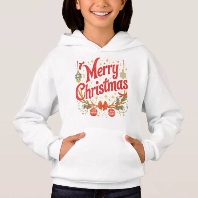 Festive “Merry Christmas” Holiday Kids Hoodie T Shirt (Framsida)