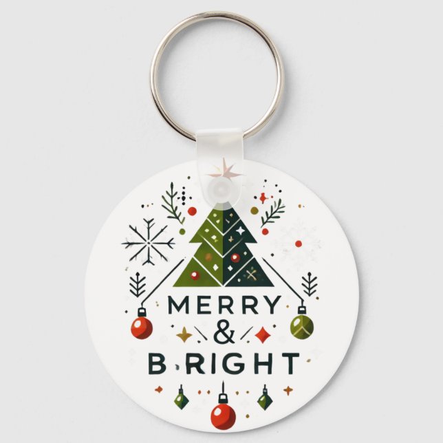 Festive Merry och Bright Julgran Design Nyckelring (Framsida)