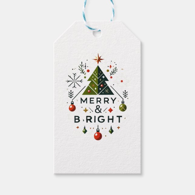 Festive Merry och Bright Julgran Design Presentetikett (Framsidan)