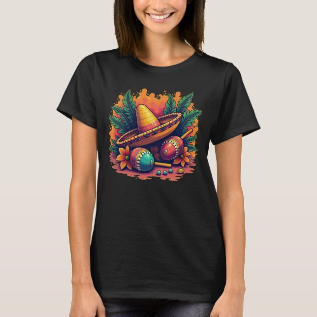 Festive Mexican Sombrero & Maracas T-Shirt (Framsida)