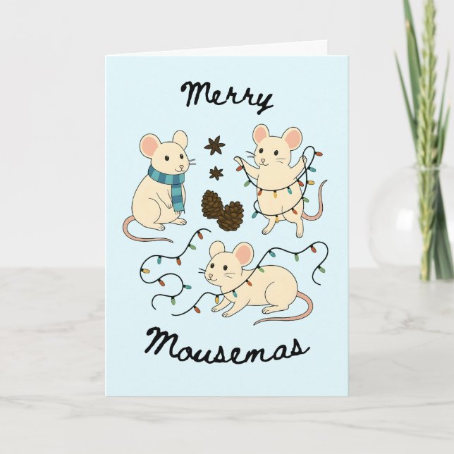 Festive Mice with Fairy Lights – Christmas Card Kort (Framsida)