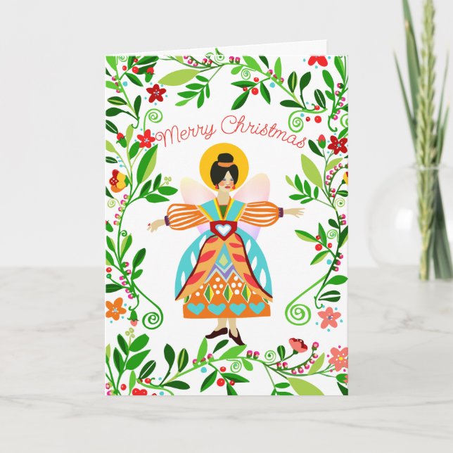 Festive Modern Folk Angel Tangerine jul Kort (Framsida)
