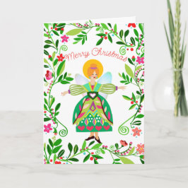 Festive Modern Red Hred Folk Angel-jul Kort