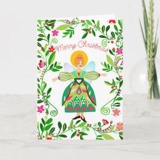 Festive Modern Red Hred Folk Angel-jul Kort