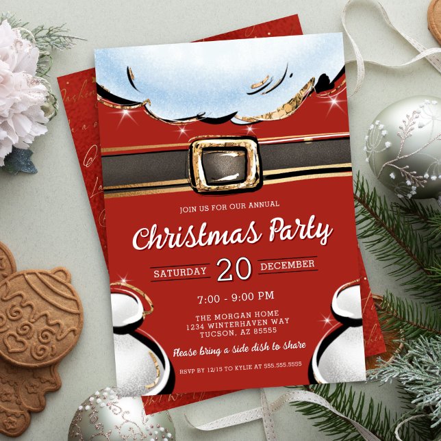 Festive Modern Santa Belly-jul Party Inbjudningar (Elegant modern santa belly christmas party invitation for gift exchange corporate holiday party)