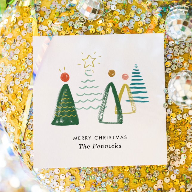 Festive Modern Watercolor Julgranar Helgdag Pappersservett (Watercolor Christmas trees personalized Merry Christmas party napkins.)