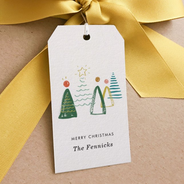 Festive Modern Watercolor Julgranar Helgdag Presentetikett (Watercolor Christmas trees festive gift tag.)