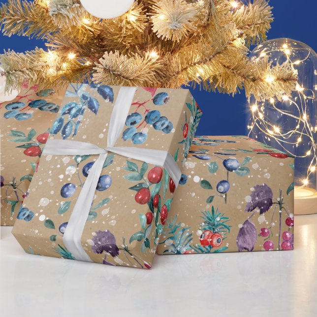 Festive Modern Watercolor Snö Berries Kraft Presentpapper (Helgdagar)