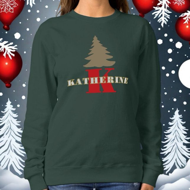 Festive monogramme med skript röd vit guld träd t shirt (Skapare uppladdad)