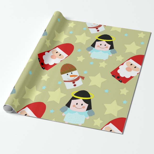 Festive mönster med änglar, Santa och snögubbe Presentpapper (Utrullad)