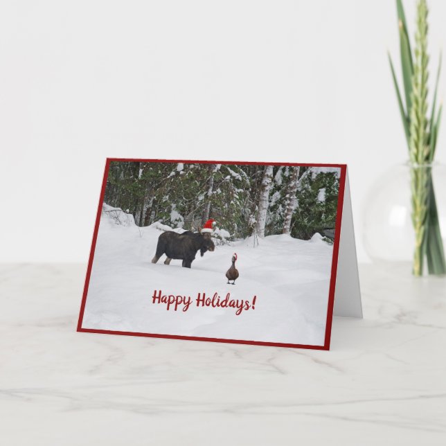 Festive moose in snow with duck holiday card tack kort (Framsida)