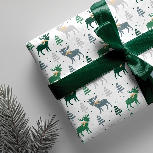 Festive Moose, Träd och Snö jul Mönster Presentpapper (Festive Moose, Trees, and Snow Christmas Pattern Wrapping Paper)
