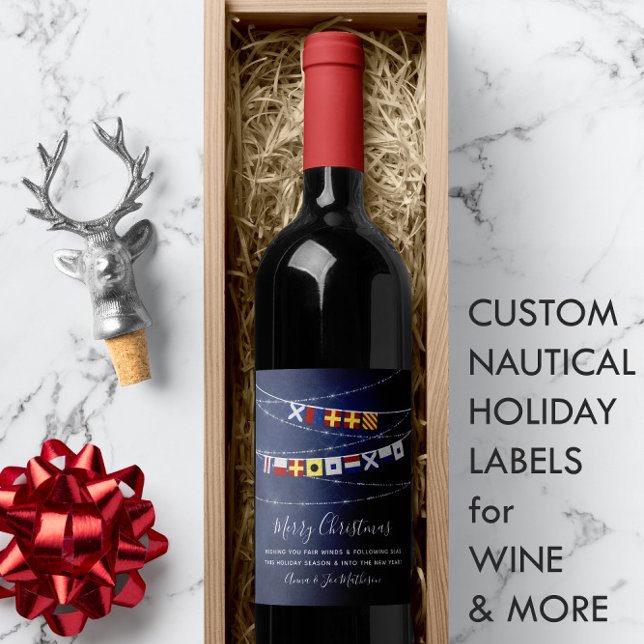 🎅 Festive Nautical Flagga God jul Vinflaska Etikett (Festive Nautical Flag Merry Christmas Wine Label 🎅
)
