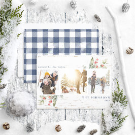 Festive Navy Blue Farmhouse Greenery Photo Collage Julkort
